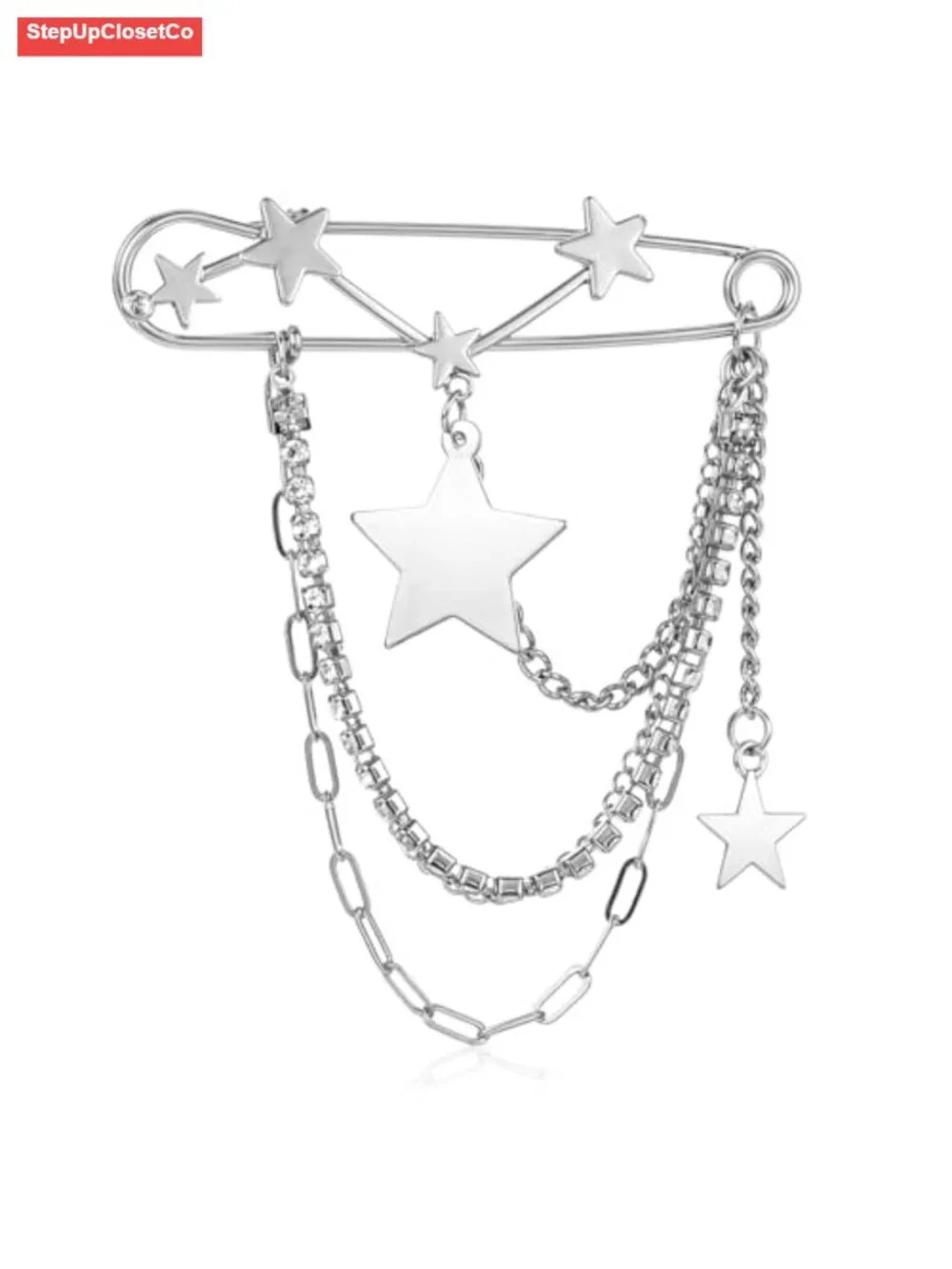 Silver Star Tassel Chain Brooch Pin for Women Punk Style Collar Brooch